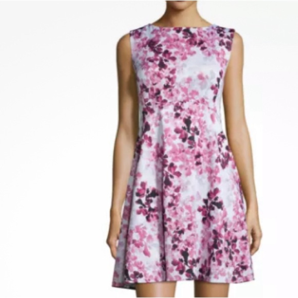 Tahari Fit & Flare Boatneck Sleeveless Floral Pink and Purple Midi Dre…